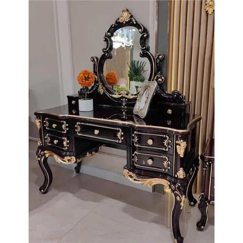 European dresser solid wood carving flower princess bedroom dressing table assembly dark retro American dressing table small apa
