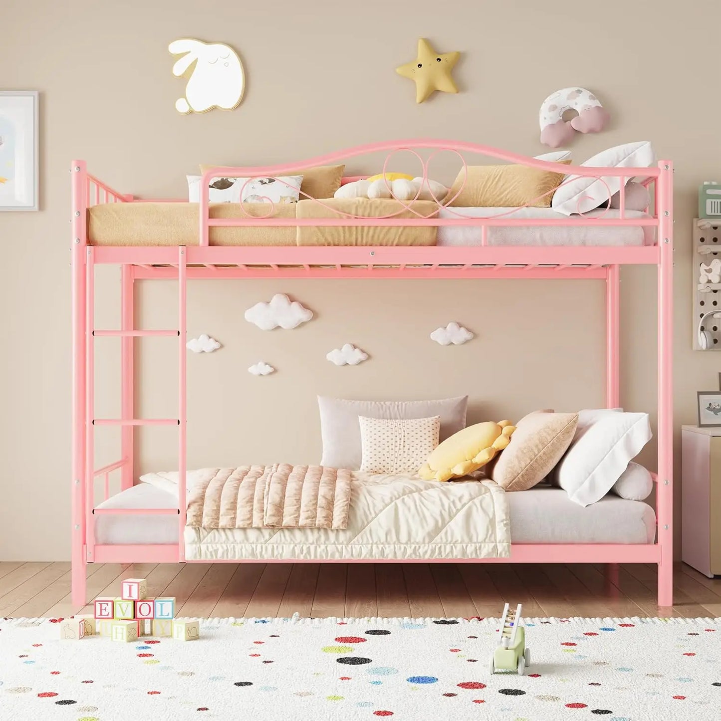 Bunk Bed Twin Over Twin with Ladder & Full Safety Guardrail, Heavy Duty Metal Twin Over Twin Bunk Bed 400 Lbs Load Capacity, Space-Saving, Noise Free, No Box Spring Needed, Easy Assembly, P