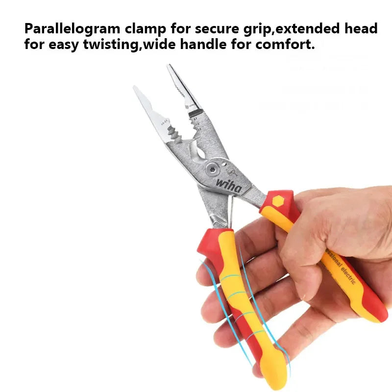Wiha 45489 Electrician Plier 8-in-1 Multifunctional VDE-tested Insulated Wire Stripping Plier with Wide Handle Design Non-slip
