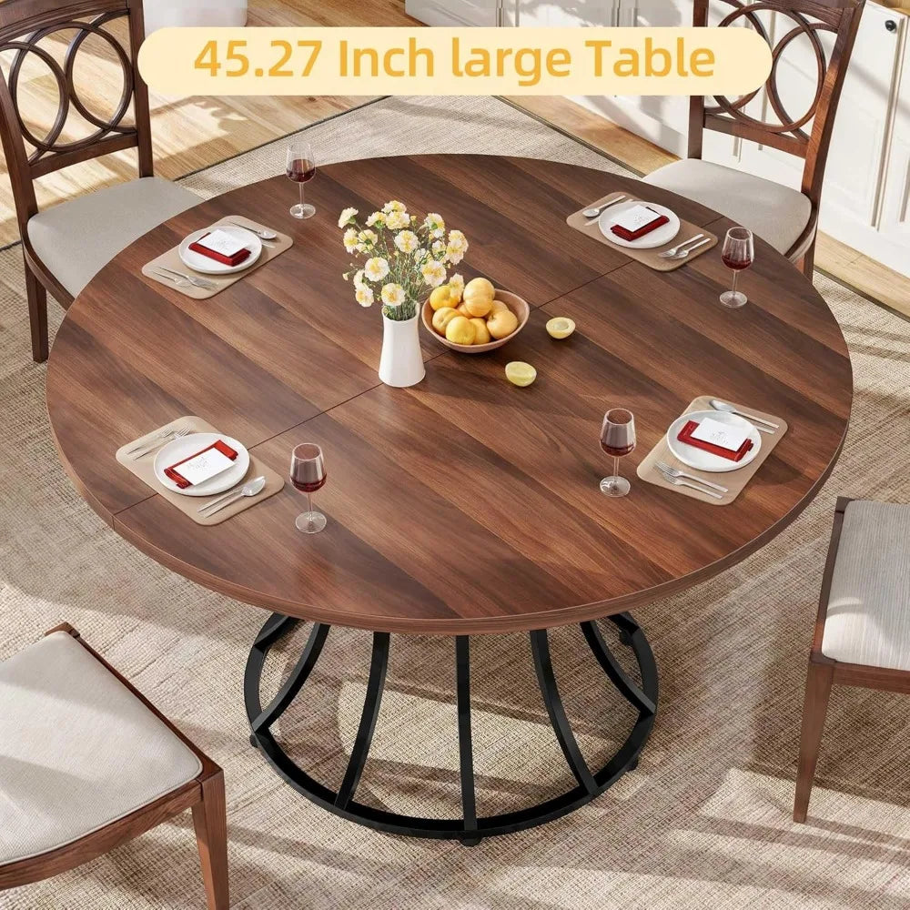 Farmhouse Round Dining Table With Heavy Duty Metal Base
