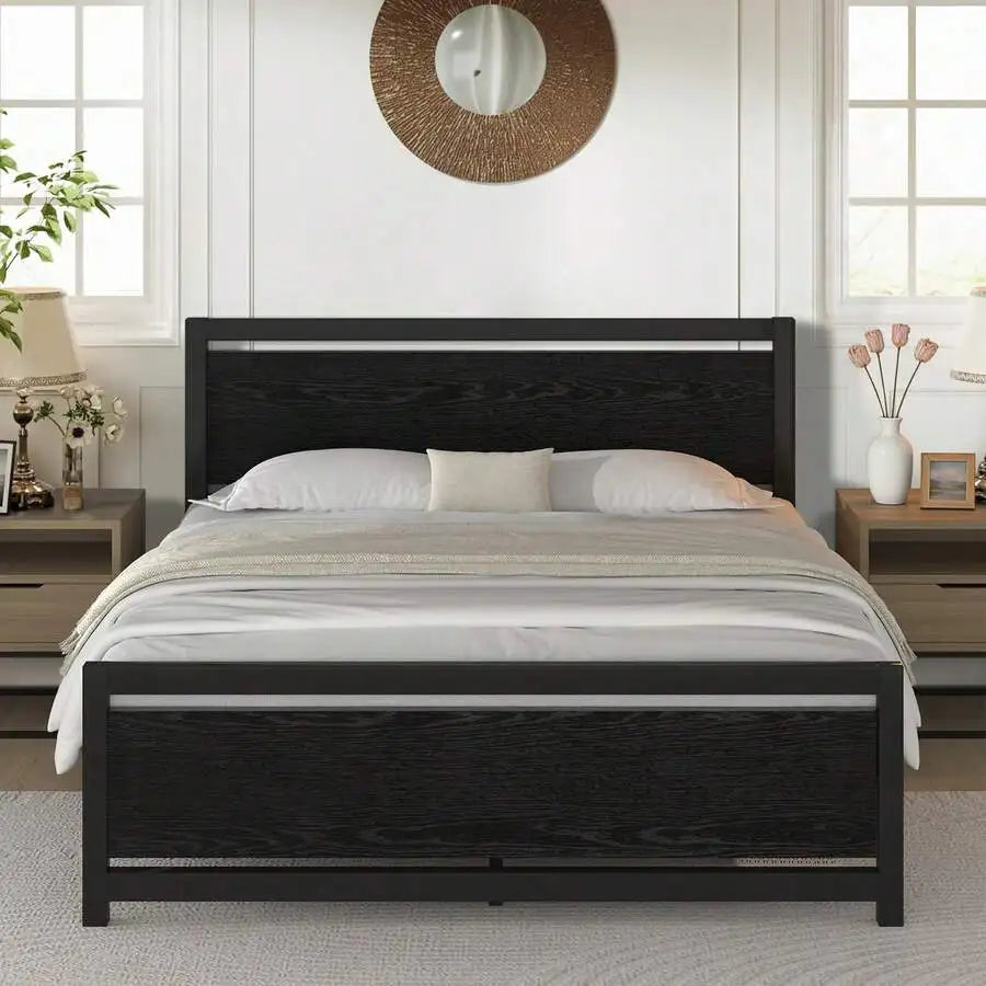 Bed Frame With Headboard, Farmhouse Bed Frame With Wooden Headboard, Heavy Duty Metal Bed Frame, No Box Spring Needed, Noise-Free, Esay Assembly, Bedroom Furniture,Twin/ Full/ Queen, Black/ Gray/ White/ Brown