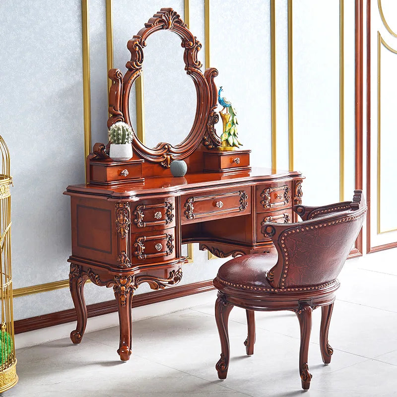 European dresser solid wood carving flower princess bedroom dressing table assembly dark retro American dressing table small apa