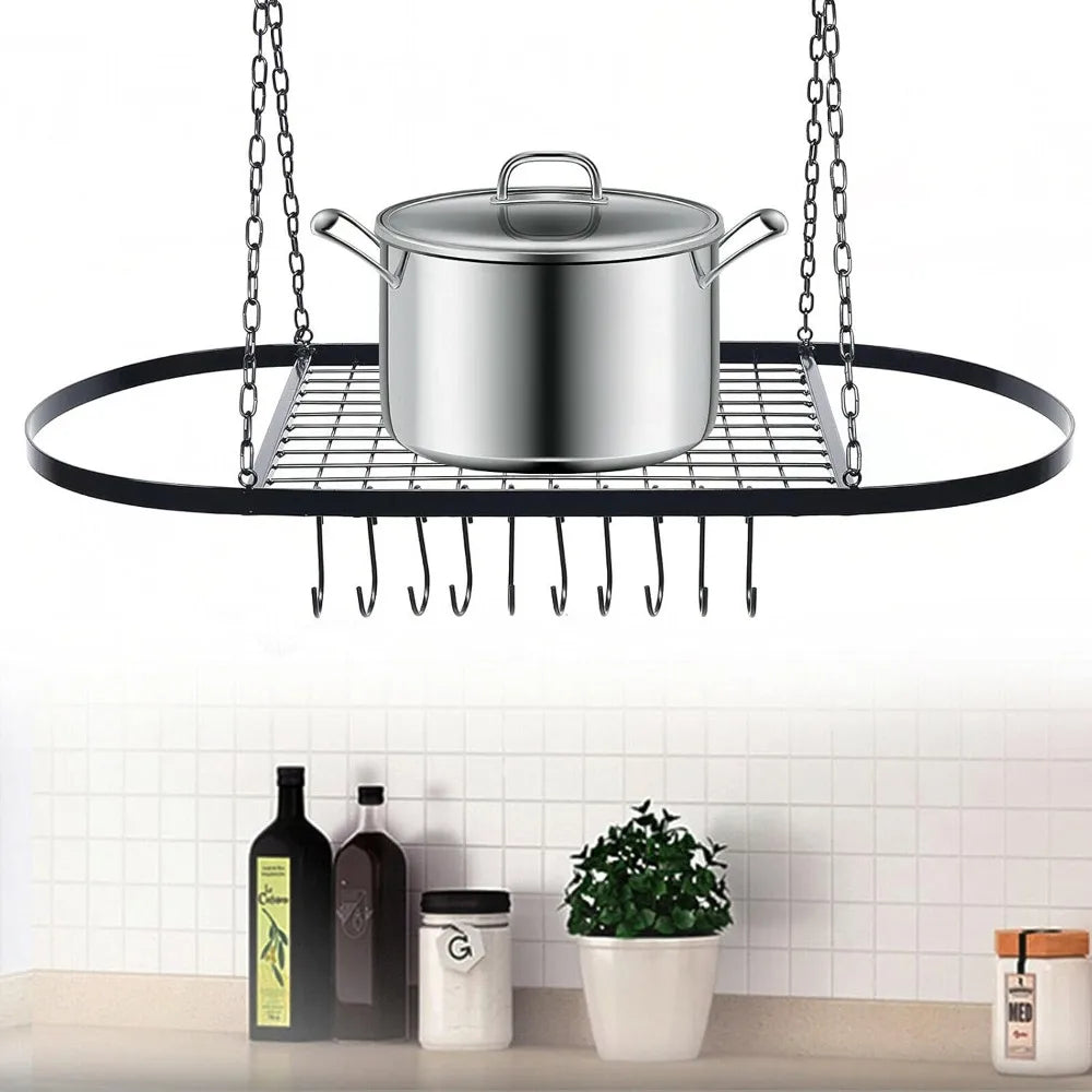 Pot Pan Rack with Shelf Grid 9 Hooks Decorative Wall Mounted Storage Hanging Rack Ceiling Mounted Hanging Multi-PurposeOrganizer