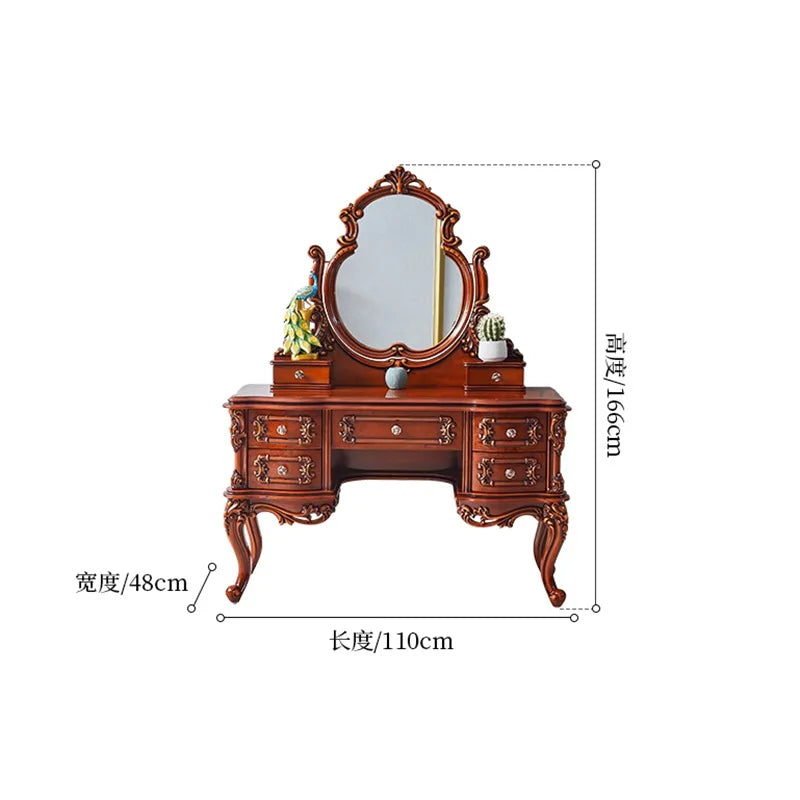 European dresser solid wood carving flower princess bedroom dressing table assembly dark retro American dressing table small apa