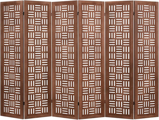 6-Panel Folding Room Divider with Solid Wood Frame, Carved Cutout, 65" Tall, Mahogany Brown