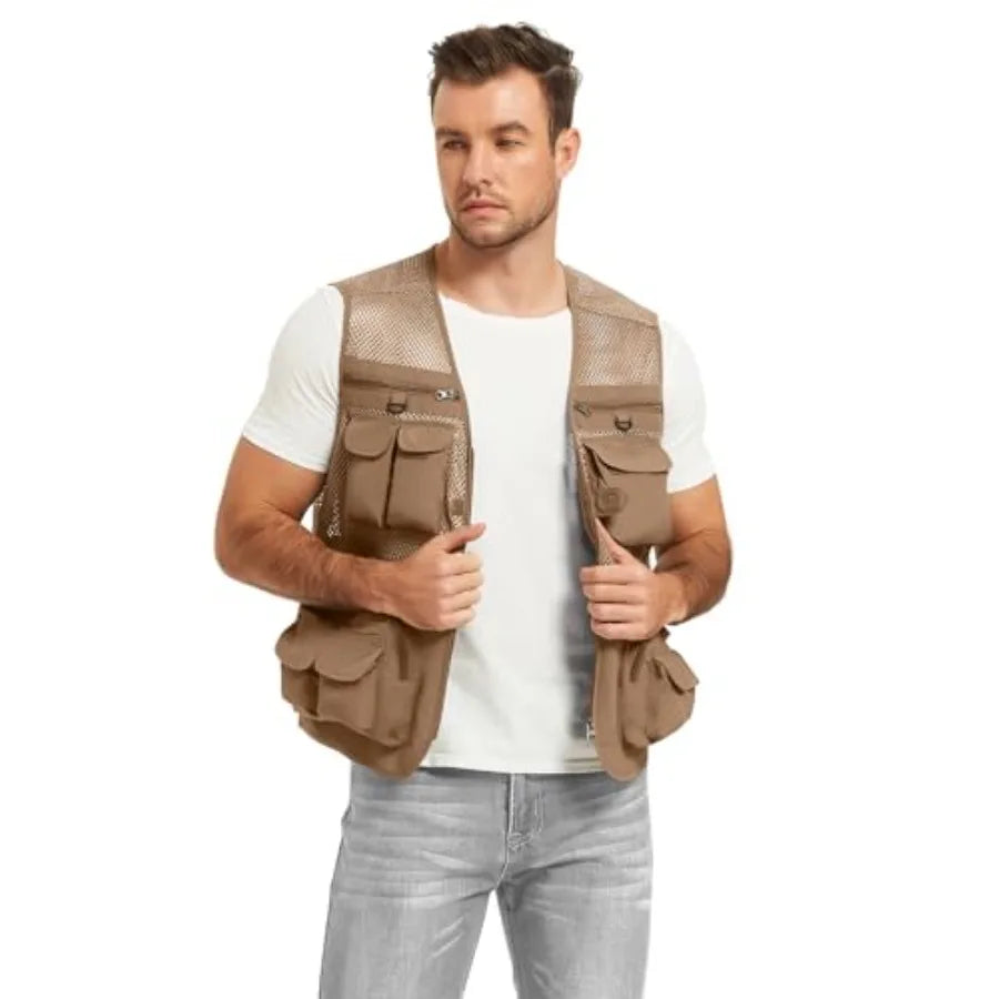 Men's Fishing Vest Utility Lightweight Outdoor Travel Safari Photo Cargo Vest with 16 Pockets
