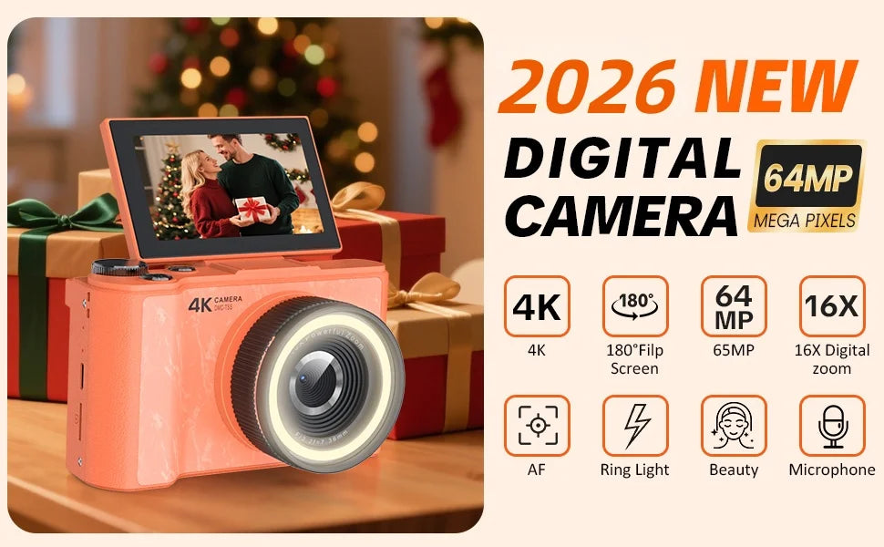 4K Digital Camera for Photography,4k Camera with Ring Light，180° Flip Screen Camera for Vlogging with Beauty Mode,Point and Shoot Digital Cameras for Beginner with SD Card，christmas gift