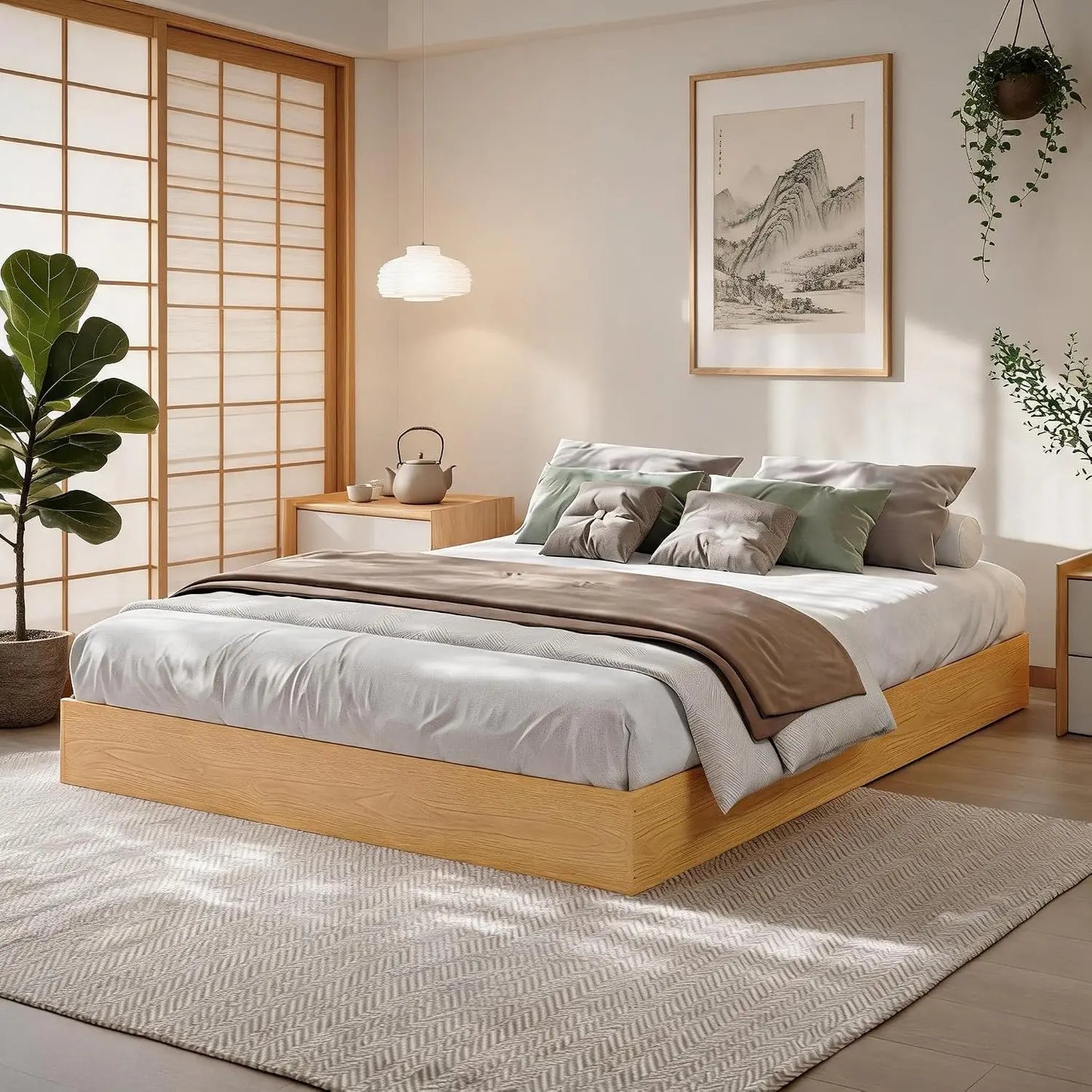 Garvee Living Room Bed Frame Easy Sturdy Assembly Bedroom Frames with Low Profile Design Eco-Friendly Bed Wood Slats Support Home Furniture Without Headboard