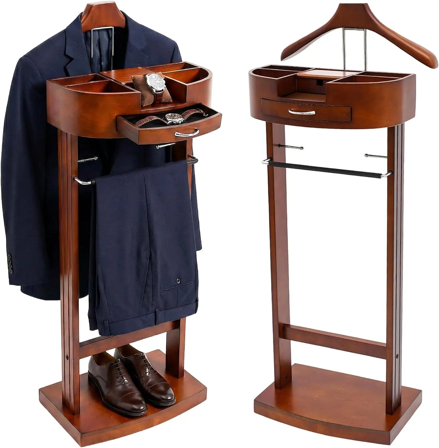 Wood Suit Rack, Freestanding Clothing Valet Stand Clothes Valet Suit Racks Mens Compact Wooden Clothing Valets Stand Rack Organi