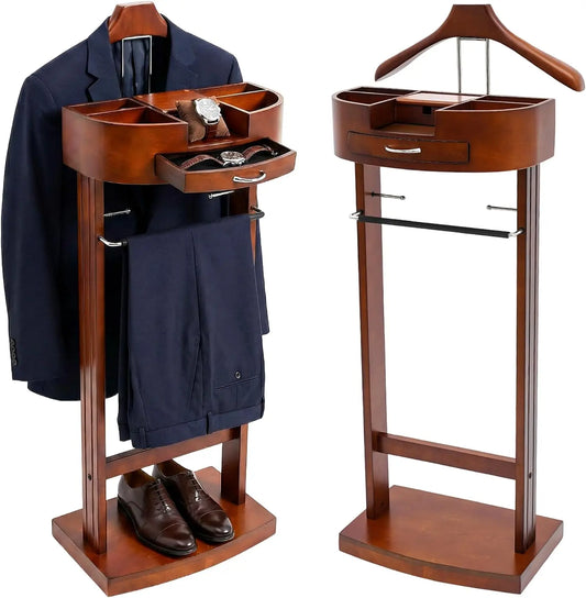 Wood Suit Rack, Freestanding Clothing Valet Stand Clothes Valet Suit Racks Mens Compact Wooden Clothing Valets Stand Rack Organi