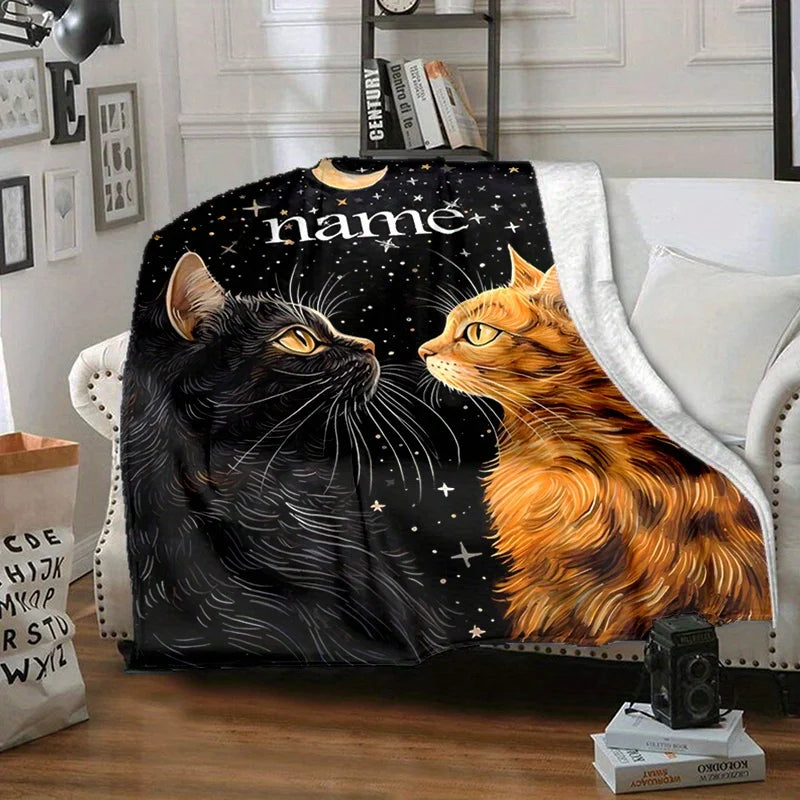 A personalized polyester flannel blanket with customizable names, featuring black and orange cats, thick weaving, all season sof