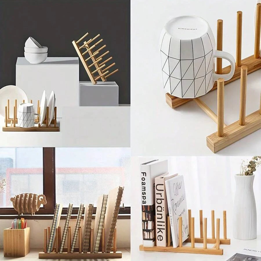 1/2pcs Bamboo Dish Plate Bowl Cup Book Pot Lid Cutting Board Drying Rack Stand Drainer Storage Holder Organizer Kitchen