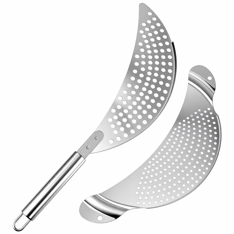 Stainless Steel Pot Strainer Kitchen Colander with Handle Held Crescent Drainer Pan Crescent Pot Strainer Pasta Noodles Strainer