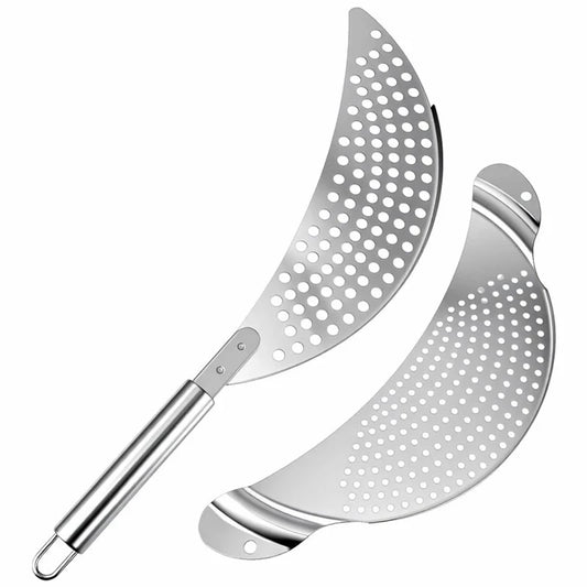 Stainless Steel Pot Strainer Kitchen Colander with Handle Held Crescent Drainer Pan Crescent Pot Strainer Pasta Noodles Strainer