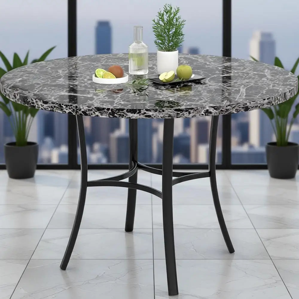 Space Saving Round Dining Table Marble Look Metal Frame