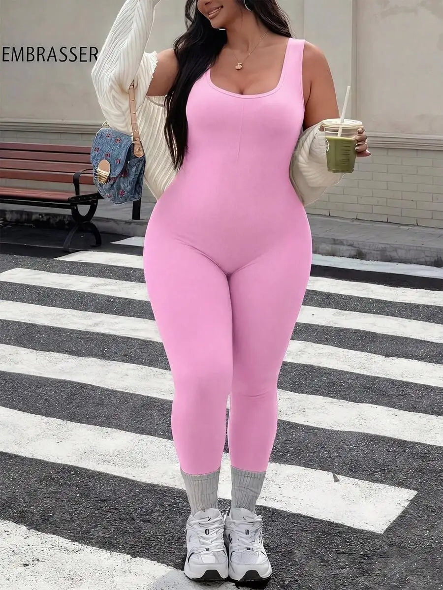 Rhythm Era 1pc Plus Size Black Backless Jumpsuit, Comfortable Stretchy Seamless Knit Yoga & Fitness Activewear
