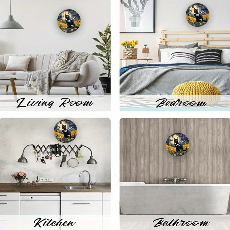 One Pack, Moon and Kitten Scene Silent Wall Clock, Suitable for Home Decor, Gift Giving, AA Battery