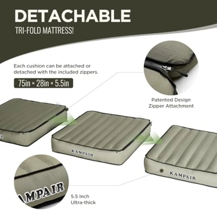 Detachable Tri Folding Sleeping Pad for Camping Ultra-Thick 5.5 Inch Air Mattress Quick Inflate Zipper Design for Detachment Ma