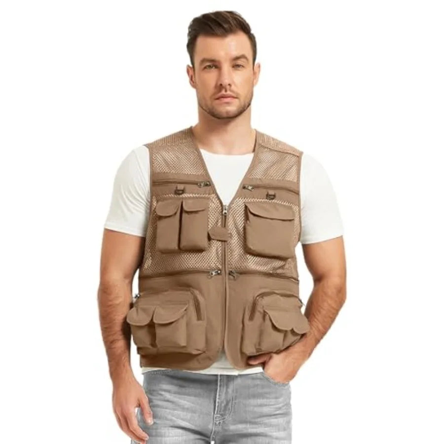Men's Fishing Vest Utility Lightweight Outdoor Travel Safari Photo Cargo Vest with 16 Pockets