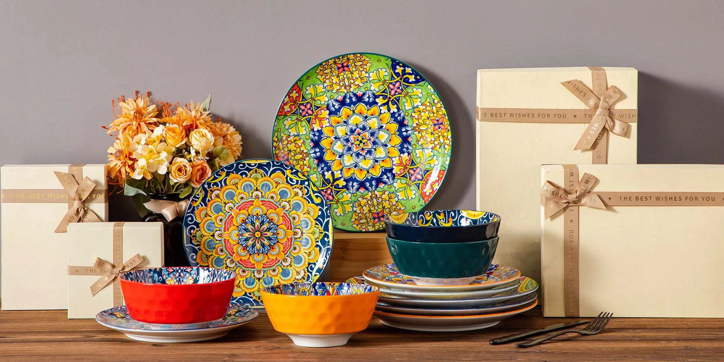 vancasso 12/24 Piece New Bohemian Ceramic Dinnerware Plates Porcelain Plates Dinner Set with 4pcs Dinner Plate/Dessert/Bowl
