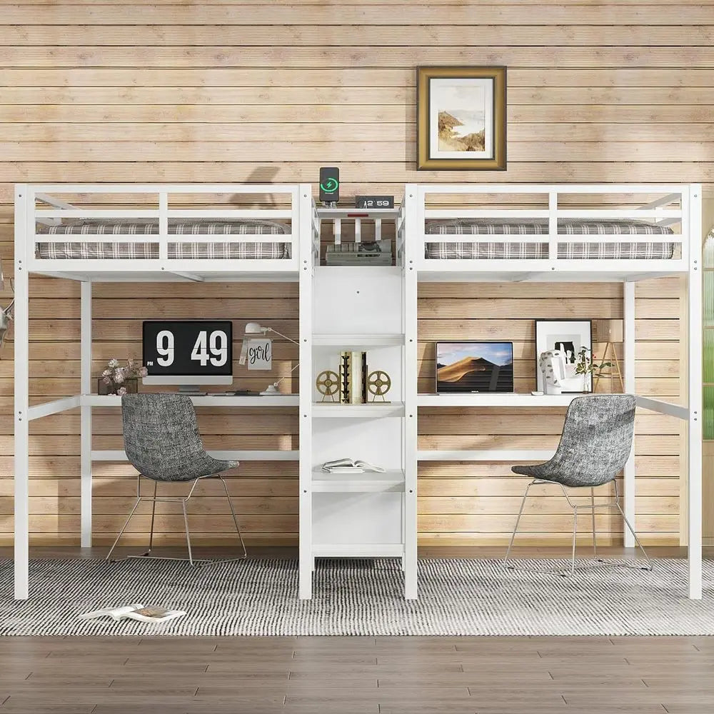 Twin Size Metal Bunk Bed with Desk, Charging Station, Wardrobe, and Storage Shelves, White