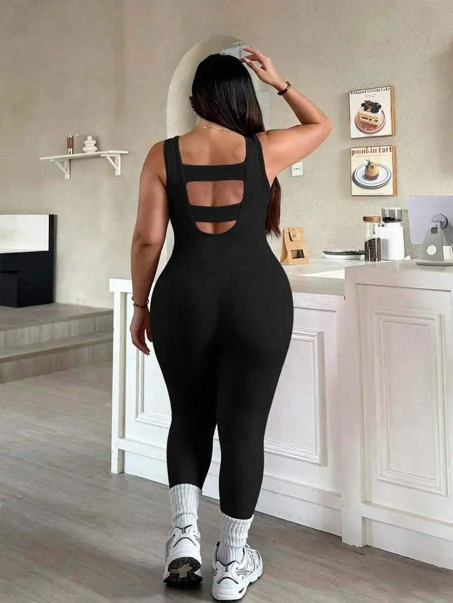 Rhythm Era 1pc Plus Size Black Backless Jumpsuit, Comfortable Stretchy Seamless Knit Yoga & Fitness Activewear