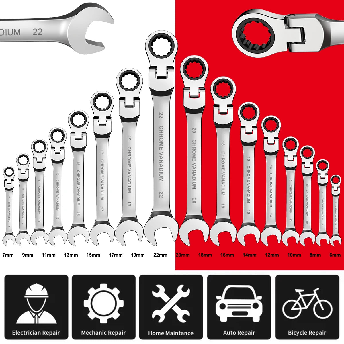 Flexible Head Ratchet Wrench Set With 72 Teeth Crv