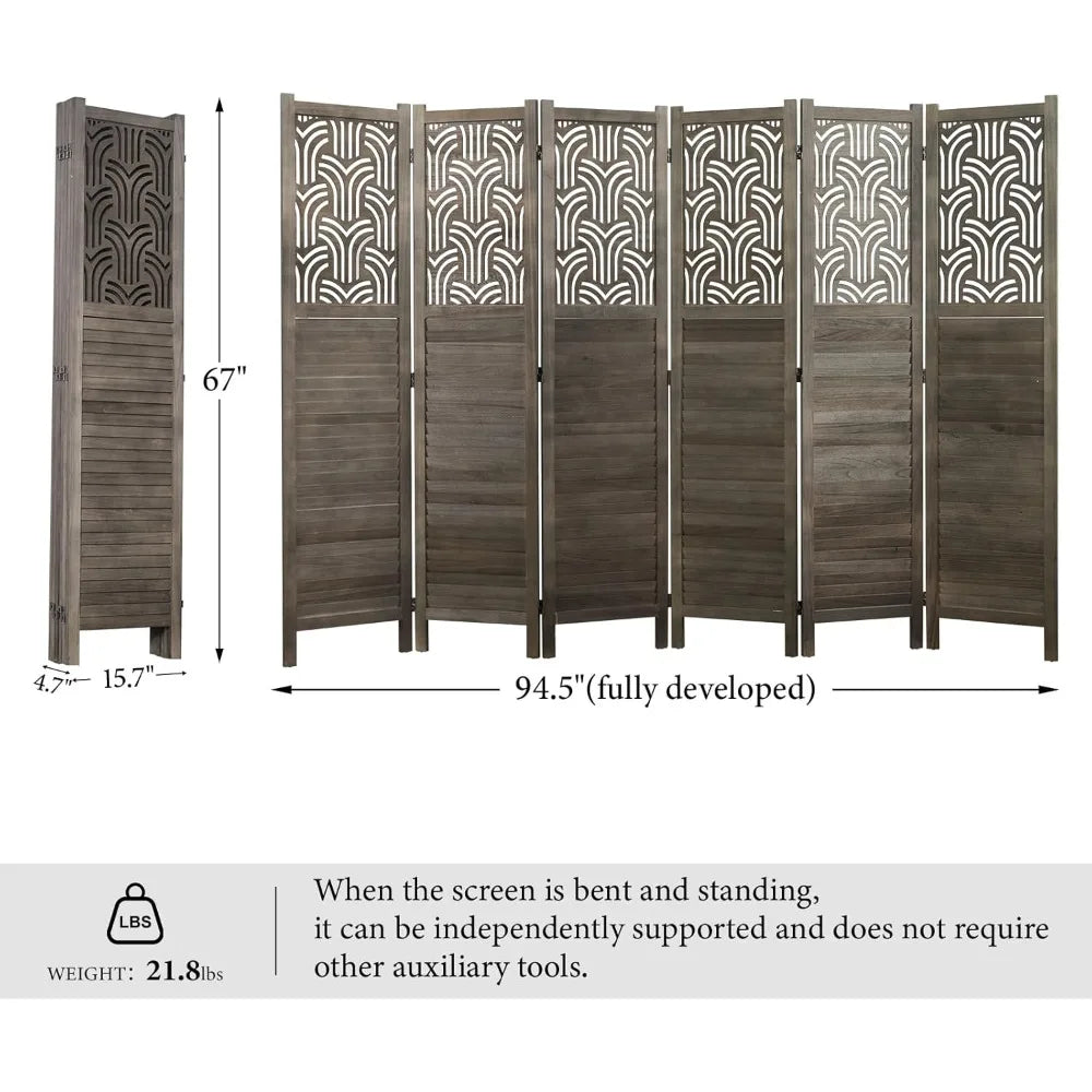 5.6 Ft Room Divider Wood Carved Wall Divider Indoor Folding Portable Partition Screen for Home Office Garden Terrace - 6 Panel