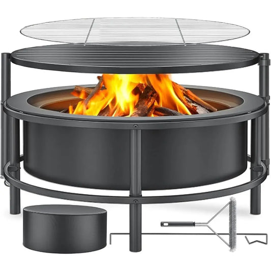 Fire Pits for Outside Wood Burning, 52" Large Outdoor Fire Pit Stove with Roating Table and BBQ Grill, Cold Finished Steel Round