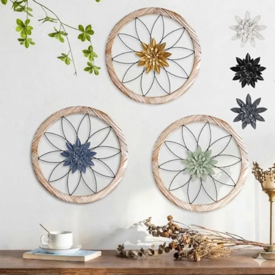 3 Pcs Round Farmhouse Wall Decor with 6 Pcs Interchangeable Flowers 12'' Medallion Wood and Metal Rustic Wall Art for Living Ro
