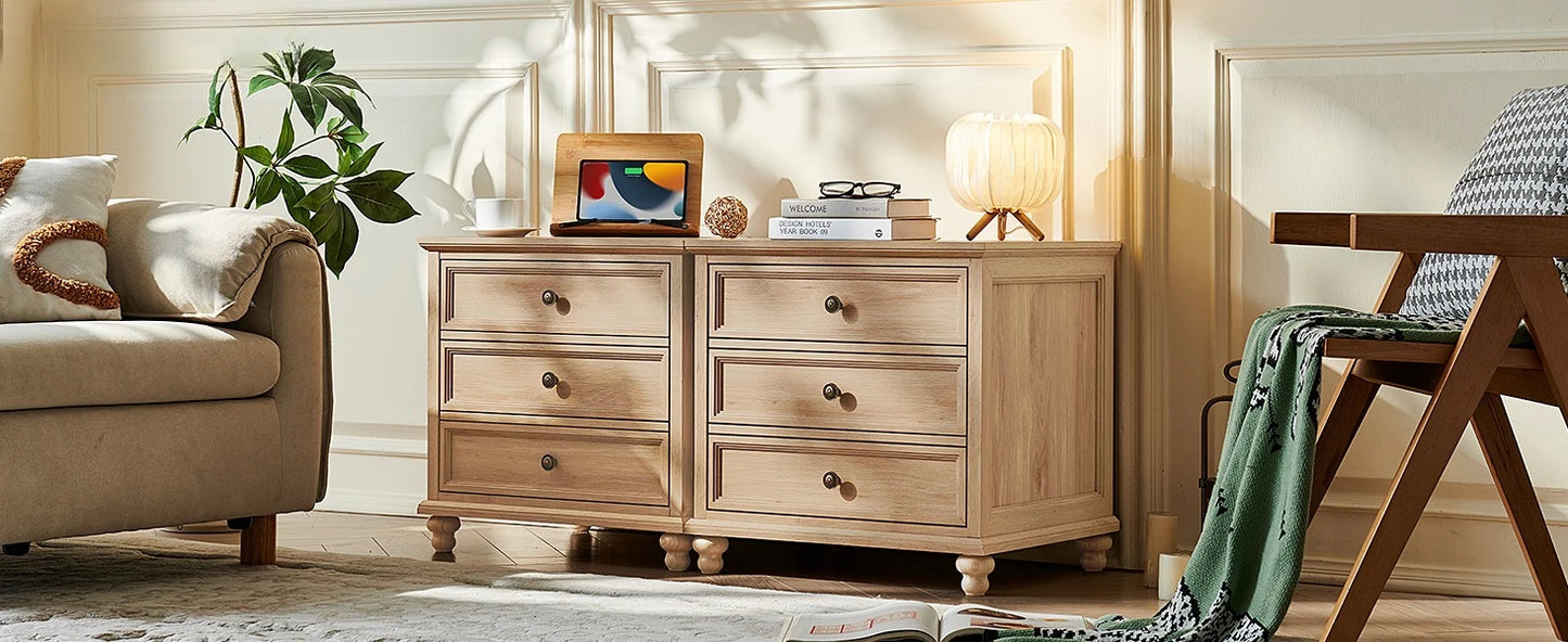 2 Pack Farmhouse 3 Drawer Bedside Cabinet, Wooden End Night Table With Metal Handles 24"W For Indoor Storage