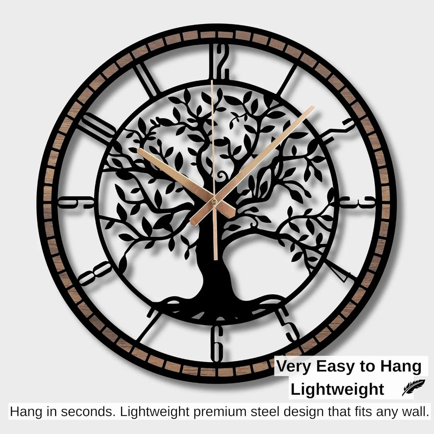 Tree of Life Wall Clock, Metal with Wood Clocks, Large Wall Clock for Living Room, Office, Bedroom, Home, Mid Century Silent Non