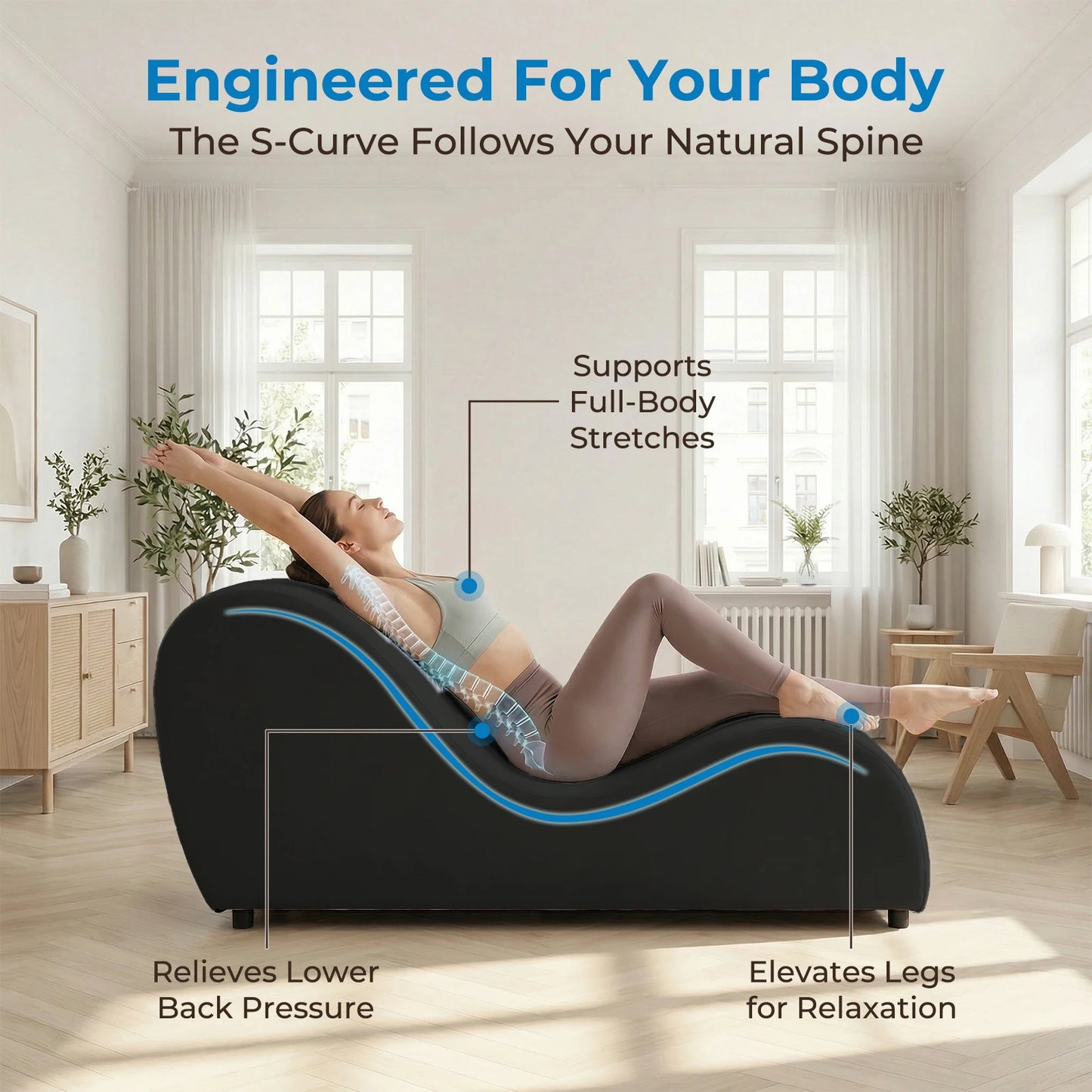 Velvet S-Shaped Yoga Chair for Adults, Modern Curved Chaise Lounge Chair for Exercise Stretching, Indoor Relaxation Yoga Chaise Lounge for Living Room