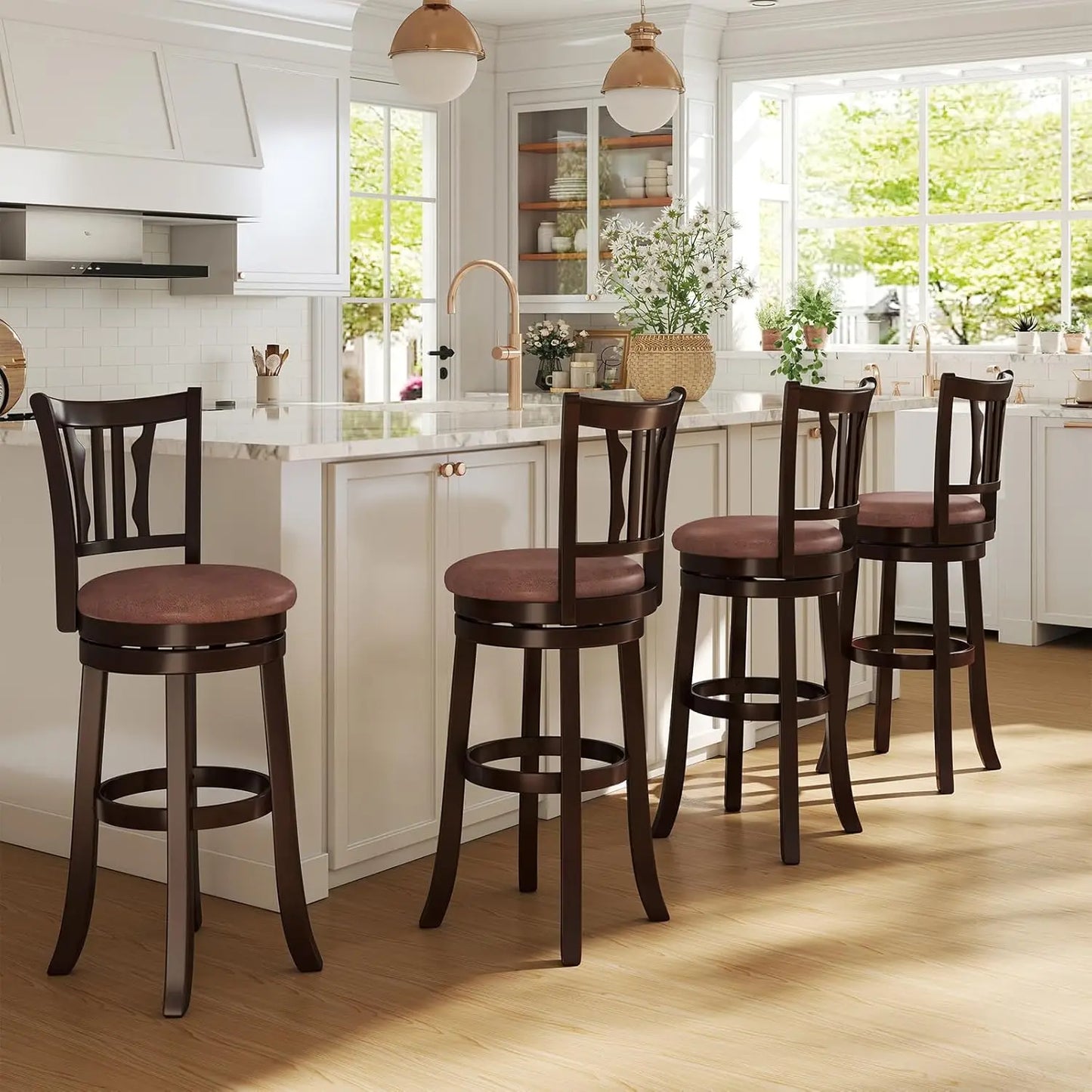 Swivel Bar Stools With Backrest And Faux Leather Seats