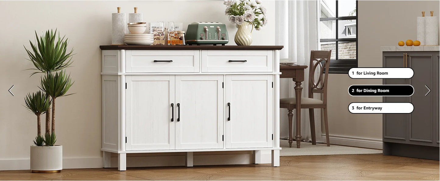 48 Inch Farmhouse Buffet Cabinet with 3 Doors & 2 Drawers, Wood Coffee Bar Storage Cabinet Adjustable Shelves for Kitchen Living Room