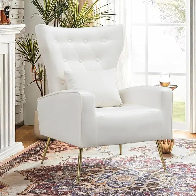 Velvet Accent Arm Chair, Mid-Century Modern Living Room Chair, Wingback Bedroom Side Chair with Gold Legs & Pillow，Customized