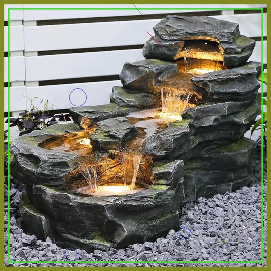 Outdoor Waterfall Fountain With LED Lights 5-Tier Rock Design