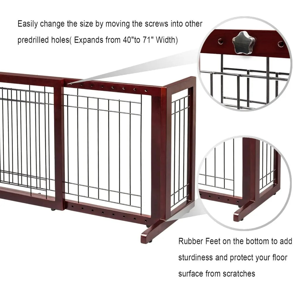 Bonnlo Cherry Free Standing Dog Gate 37"-68" Wide Adjustable Wooden Pet Fence Indoor for Fireplace Stairs Doorways Christmas Tre