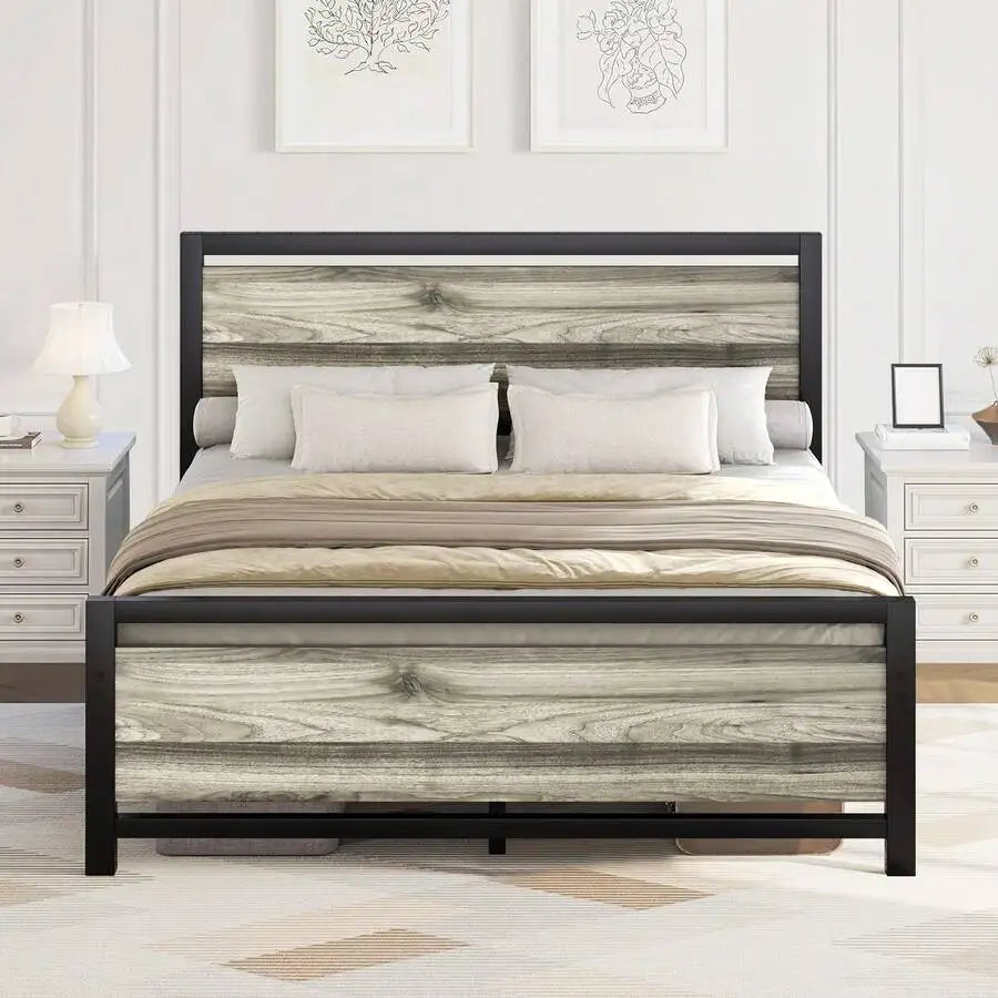 Bed Frame With Headboard, Farmhouse Bed Frame With Wooden Headboard, Heavy Duty Metal Bed Frame, No Box Spring Needed, Noise-Free, Esay Assembly, Bedroom Furniture,Twin/ Full/ Queen, Black/ Gray/ White/ Brown