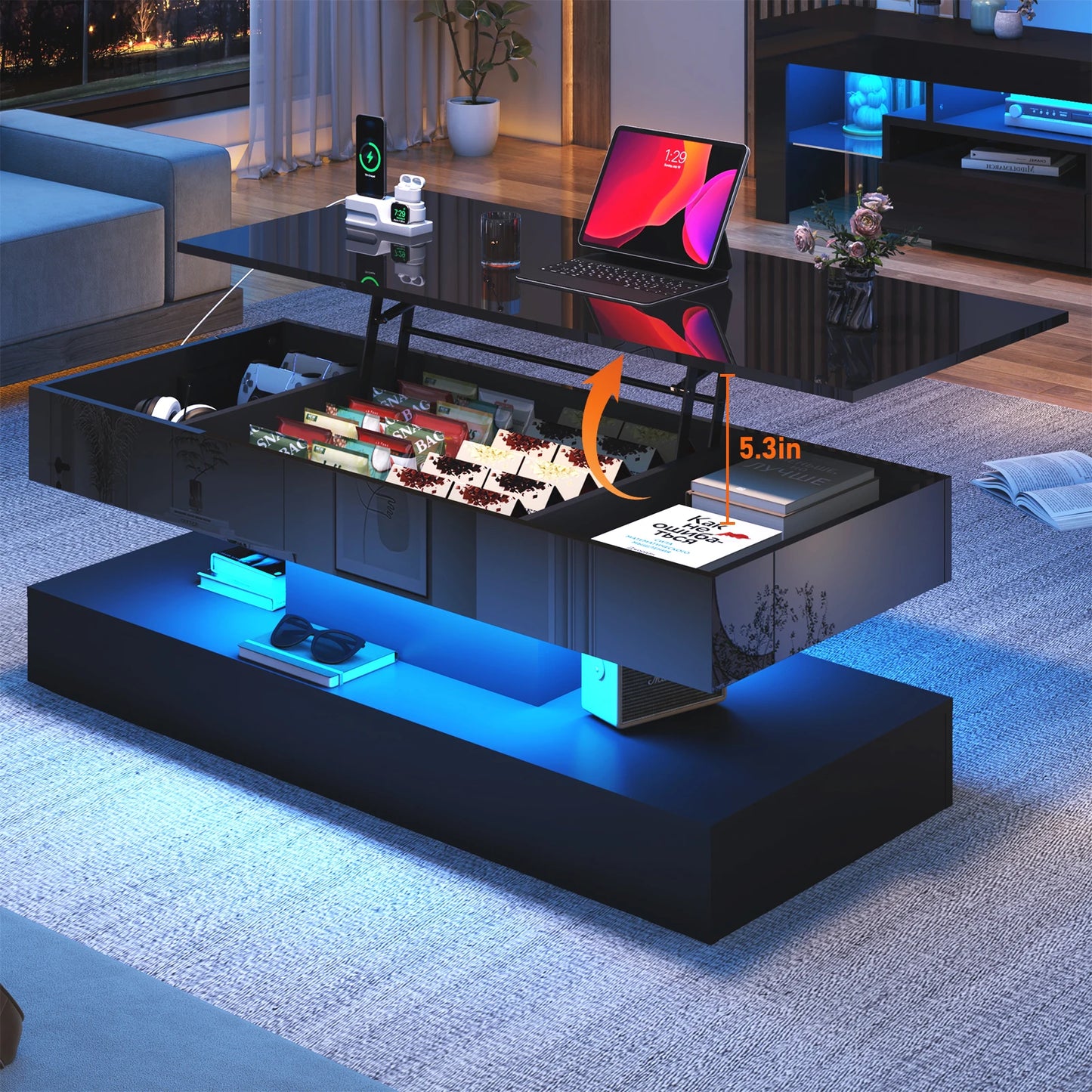 LED Coffee Table With Open Display Shelf And Storage