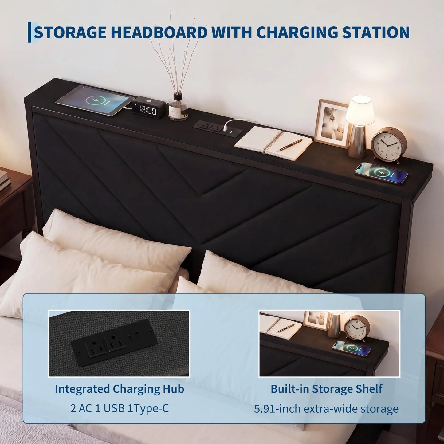 Twin Full Queen Upholstered Metal Platform Bed Frame With Storage Drawers, Headboard Charging Station, V-Pattern, No Box Spring
