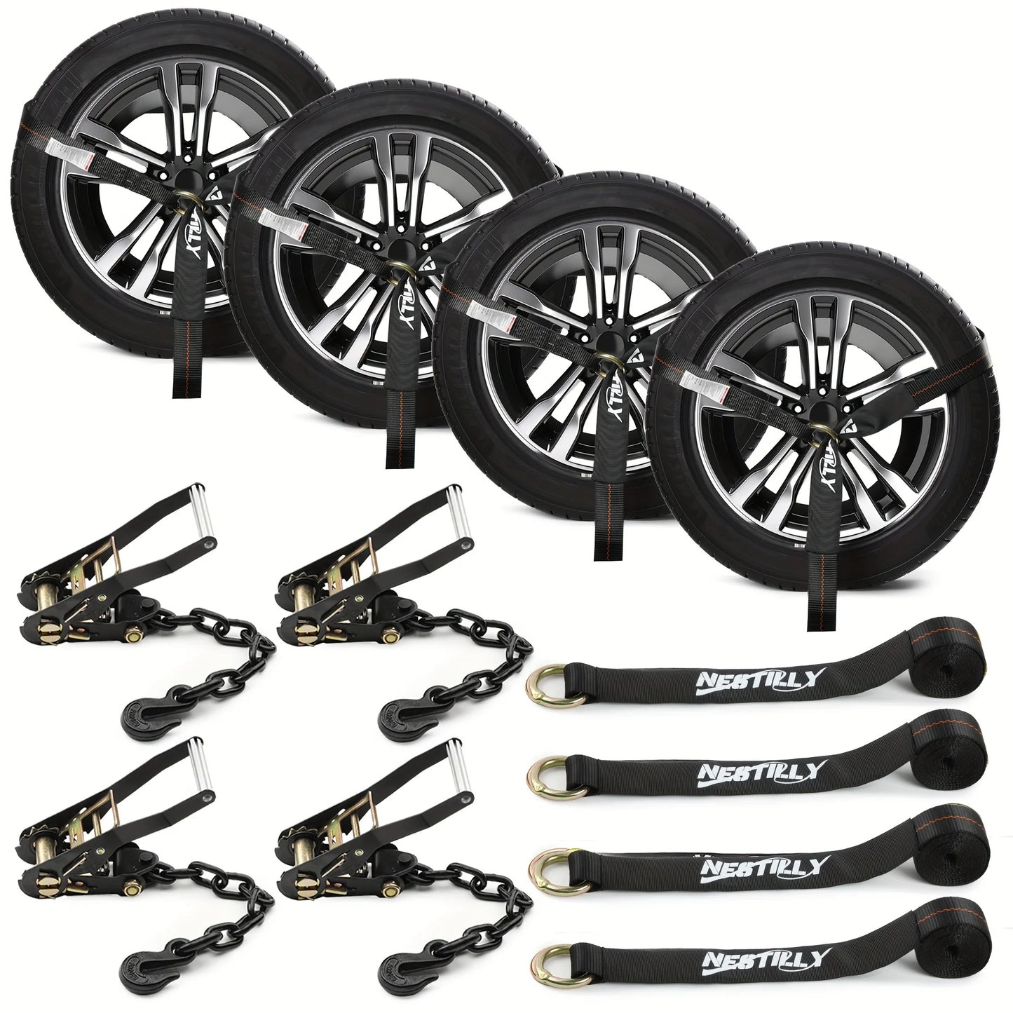 4 Pack Reflective Car Tie Down Straps For Trailers - Tire Ratchet Strap With Chain Anchors - 2" X 8' 9900LBS Break Strength - Lasso Style Wheel Straps For Hauling UTV, SUV, Truck