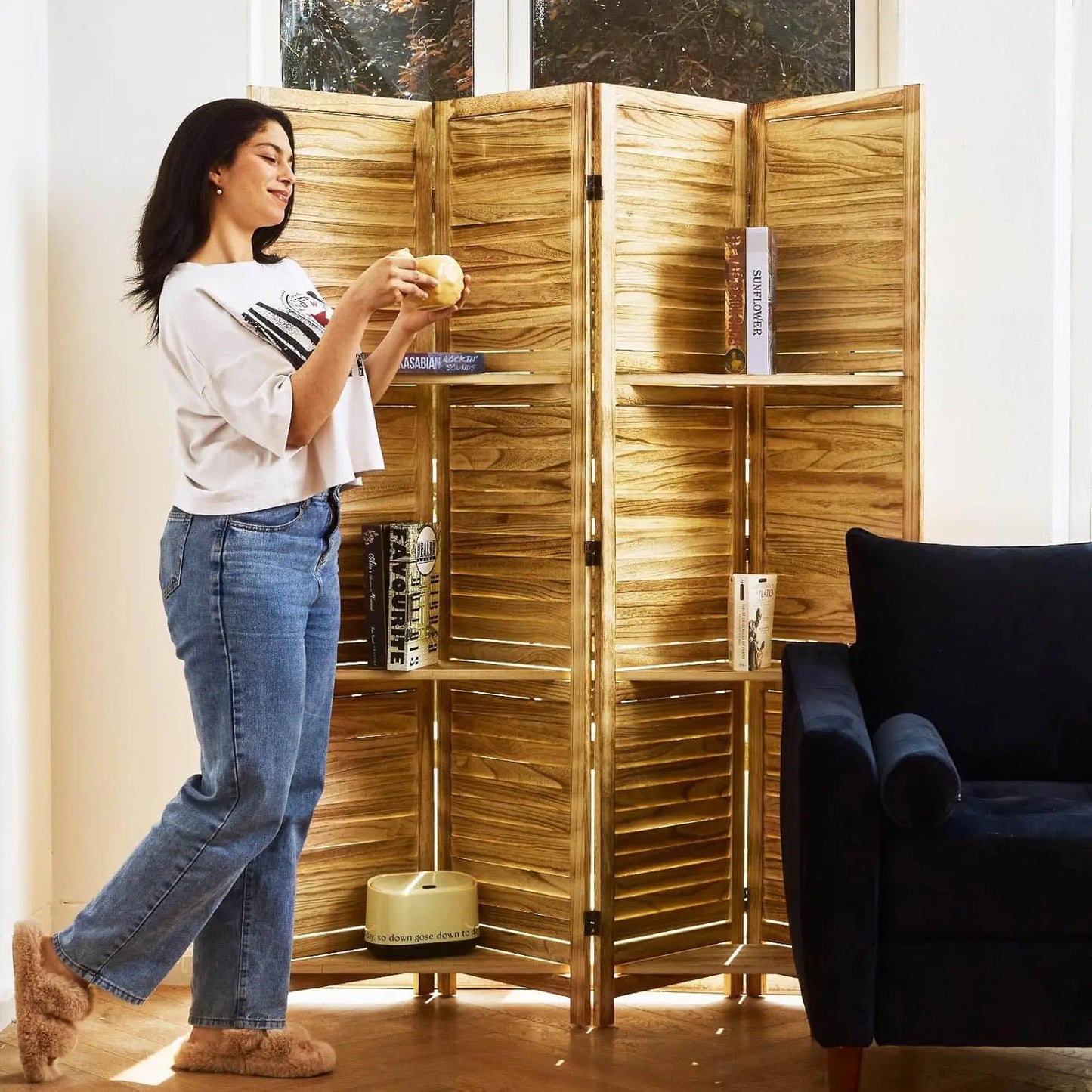 Partition Room Dividers, 67 * 51inch Folding Wood Privacy Screen with Three Display Shelves Suitable for Home, Customized