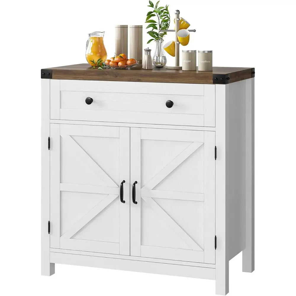 White Barn Door Accent Cabinet for Kitchen, Dining, and Entryway Storage with Drawer and Adjustable Shelves
