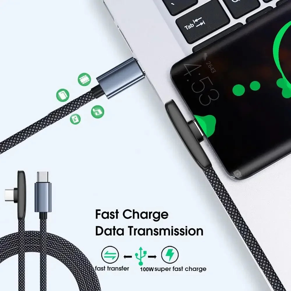 90 Degree USB Type C Cable 100W Quick Charging Data Transfer Cables Portable Right Angle USB-C Wire for IPhone Samsung Xiaomi