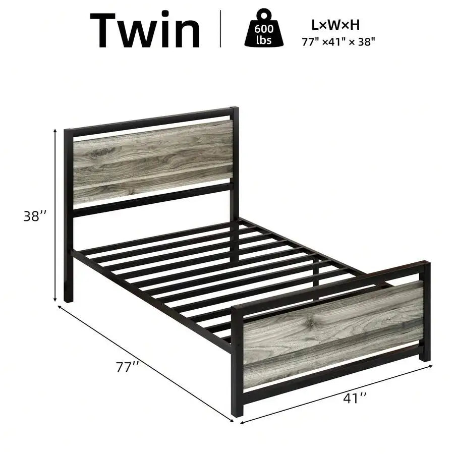 Bed Frame With Headboard, Farmhouse Bed Frame With Wooden Headboard, Heavy Duty Metal Bed Frame, No Box Spring Needed, Noise-Free, Esay Assembly, Bedroom Furniture,Twin/ Full/ Queen, Black/ Gray/ White/ Brown