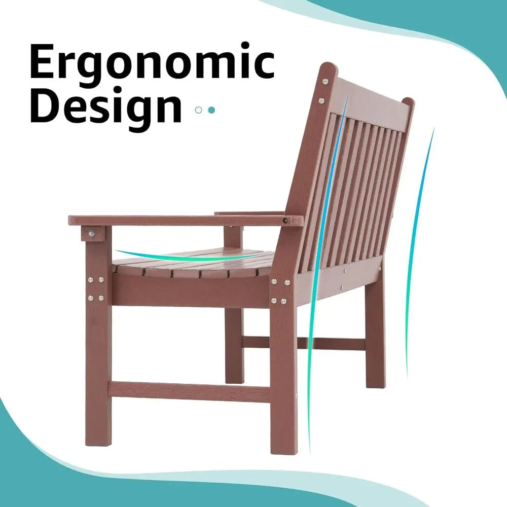 Weather-Resistant HDPE 2-Person Patio Bench with Wood Grain, Suitable for Lawn, Park, Backyard, and Entryway in Brown