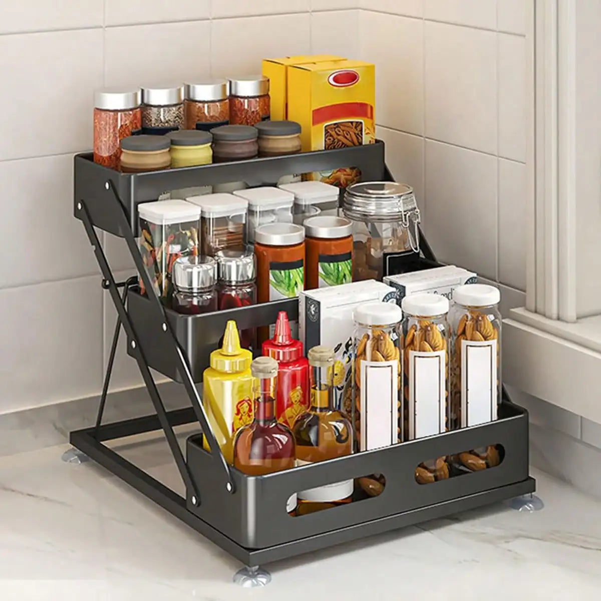 3 Tier Spice Rack Organizer Modern Black Metal Foldable Countertop Seasoning Storage Shelf Space Saving Kitchen Cabinet Organizer Rack With Protection Guardrails For Pantry Dining Table Housewarming Gift