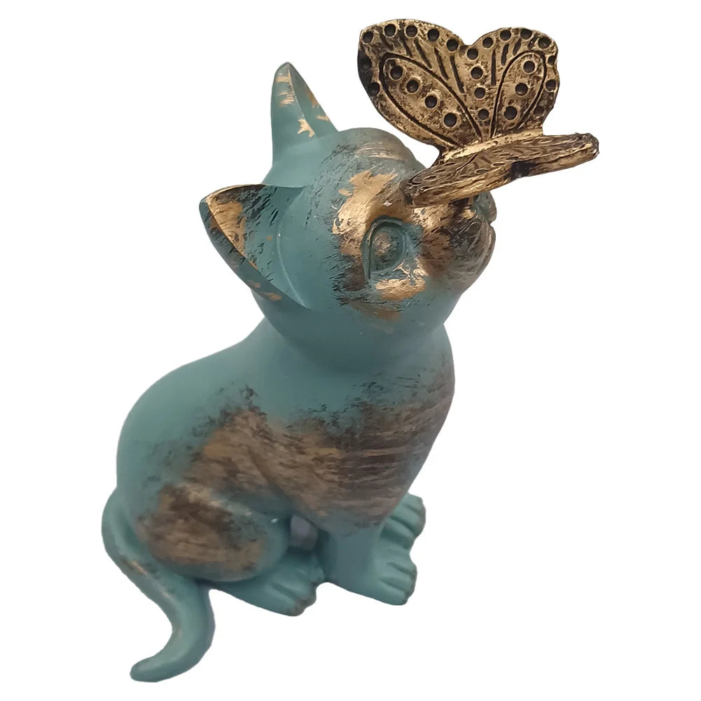 Resin Kitten Statue with Butterfly Ornament Cat Animal Sculpture Handicraft Waterproof Home Decor for Courtyard Lawn