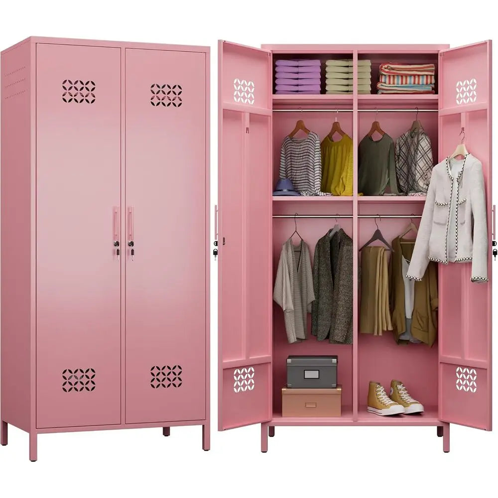 19 Deep Metal Wardrobe with 4 Shelves and 2 Hanging Bars, Pink, Assembly Required
